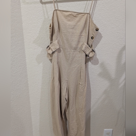 Promesa Beige Wideleg Cotton Jumpsuit with Button And Waist belt Detail - Picture 3 of 10